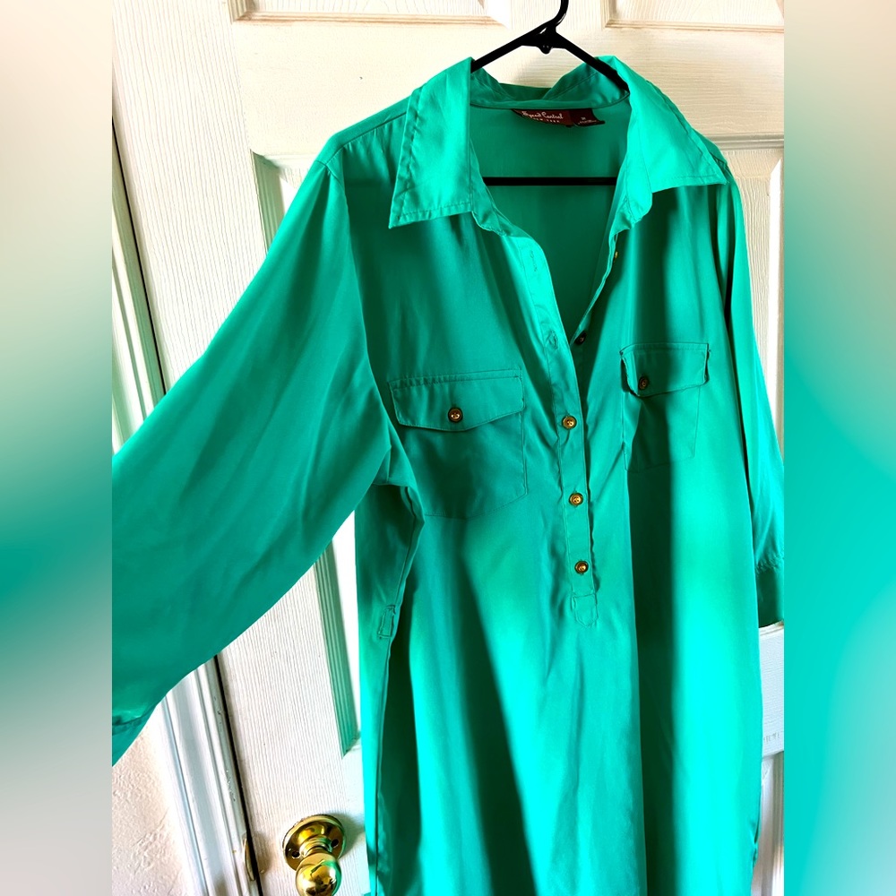 3X turquoise, long sleeve dress with a collar
